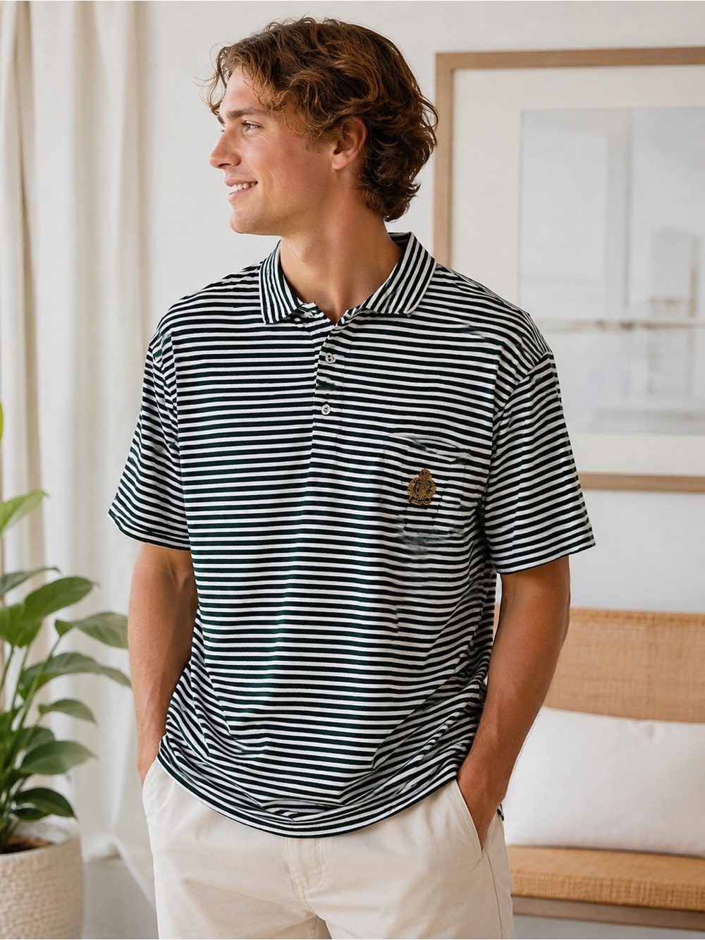 Ralph Lauren Polo Men Classic Fit Green White Stripe Crest Polo Shirt Size XL